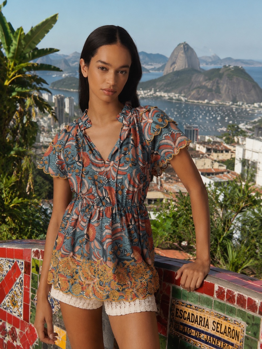 Farm Rio x Anthropologie Printed Richelieu High-Neck Short-Sleeve Ruffle Top S
